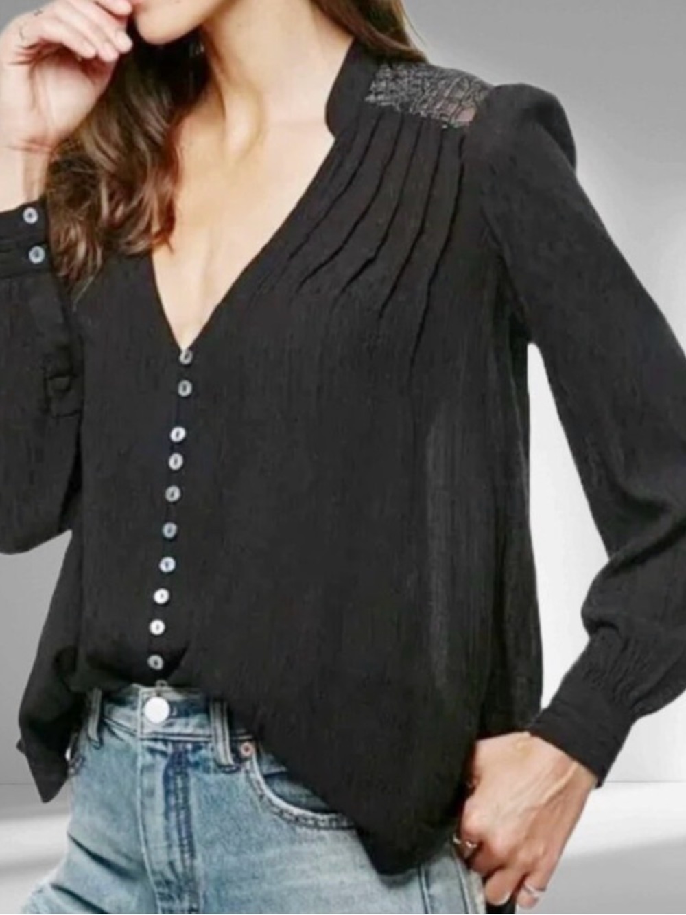 Free People Black Button-Front Textured Blouse with Embellished Shoulders Size M